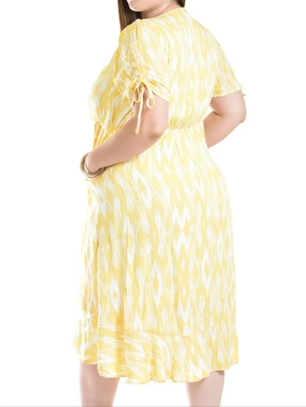NWT Torrid Dress Midi Vneck Fit & Flare Yellow Ikat Medium Faux Wrap - Picture 2 of 10